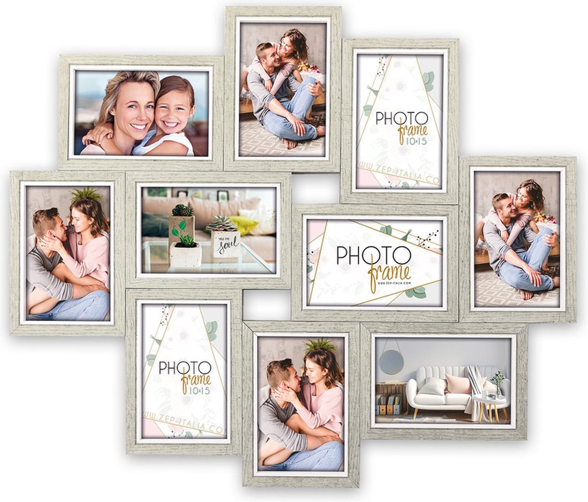 Zep Multi Houten Fotolijst Brema grijs / wit voor 10 foto's 10x15 (afmeting 59x49,5 cm) - LGX146