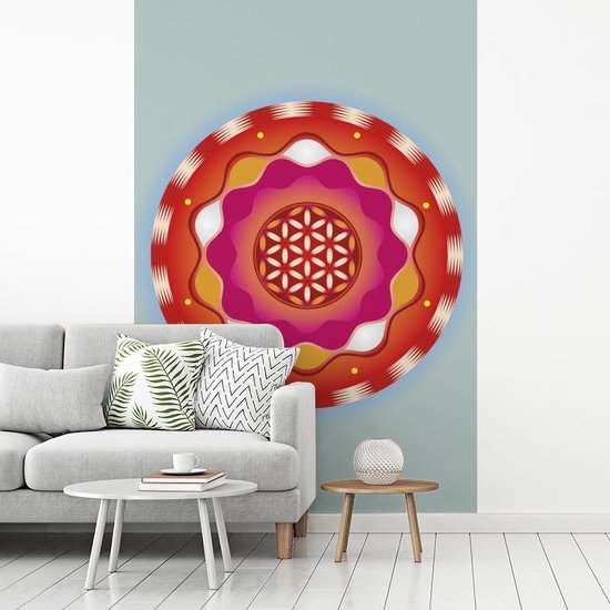 voldoende prijs Londen Behang - Fotobehang - Illustratie van een mandala met warme kleuren op een  groene... | bol.com