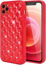 iPhone 12 Luxe Diamanten Back Cover Hoesje - Siliconen - Diamantpatroon - Back Cover - Apple iPhone 12 - Rood