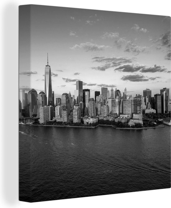 Canvas Schilderij Skyline New York tijdens Golden Hour - zwart wit - 90x90 cm - Wanddecoratie