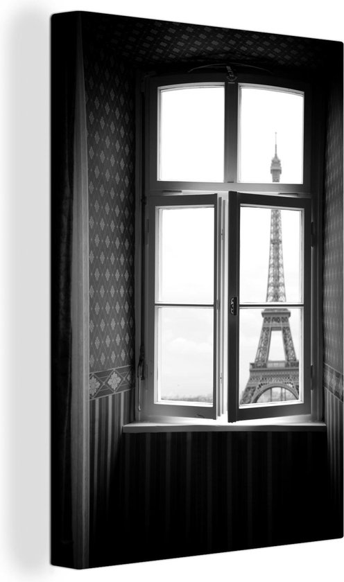 Canvas Schilderij Uitzicht op de Eiffeltoren in Parijs - zwart wit - 20x30 cm - Wanddecoratie