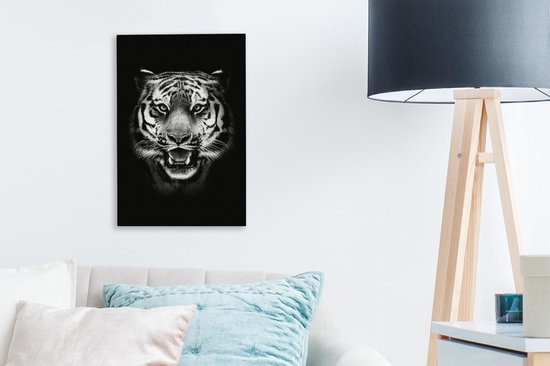 Tableau Tableau Tête de Tigre fond noir - noir et blanc - 20x30 cm - Décoration murale