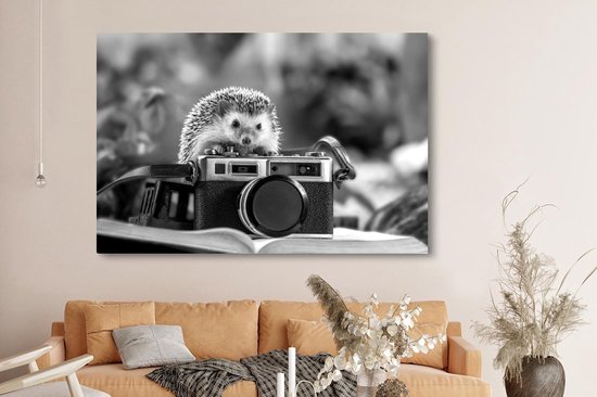 Tableau sur toile Hérisson sur caméra - noir et blanc - 150x100 cm - Décoration murale
