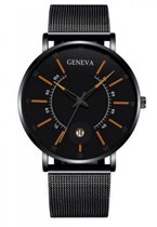 Hidzo Horloge Geneva - Met Datumaanduiding - ø 40 mm - Zwart/Oranje - Staal