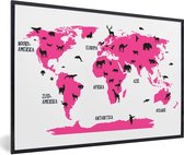 Wereldkaart Kinderen - Roze - Dieren - Schoolplaat - Kinderkamer - 120x80 cm