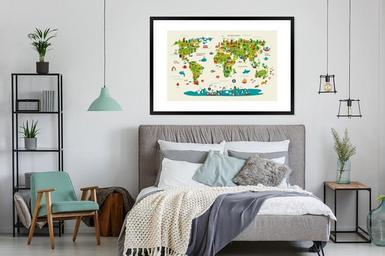 Wereldkaart Enfants - Vert - Animaux - Affiche scolaire - Chambre d'enfant - 120x80 cm