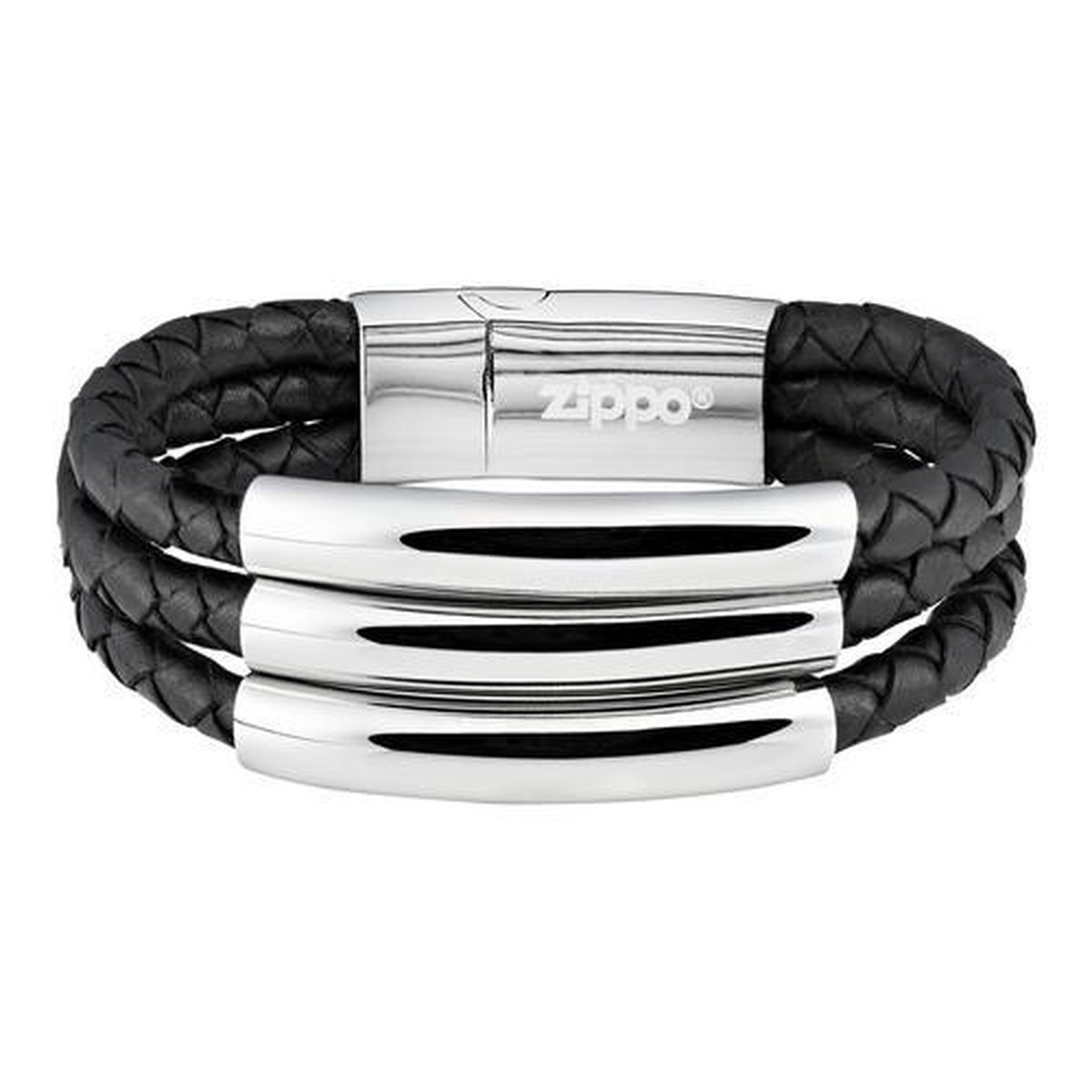 Zippo Lederen zwart armband met 3 banden - 22 cm