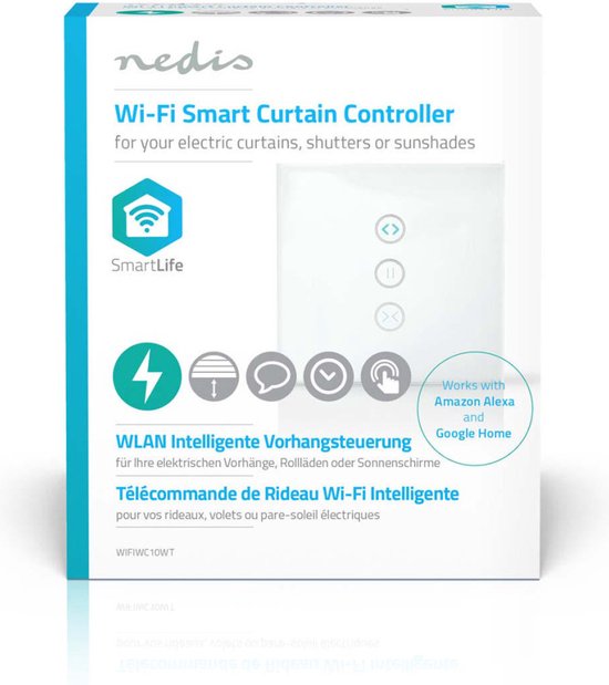 Verpakking Nedis Wi-Fi Smart Curtain Controller met specificaties en compatibiliteit met Amazon Alexa en Google.