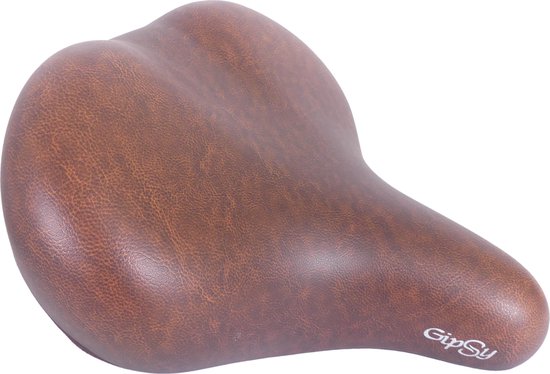 Bruin fietszadel met "Gipsy" logo.