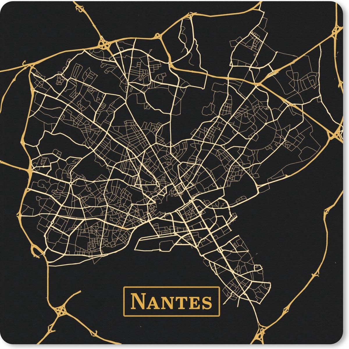 Muismat 20x20 cm - Mousepad Kaart - Nantes - Zwart - Goud - Muismatten