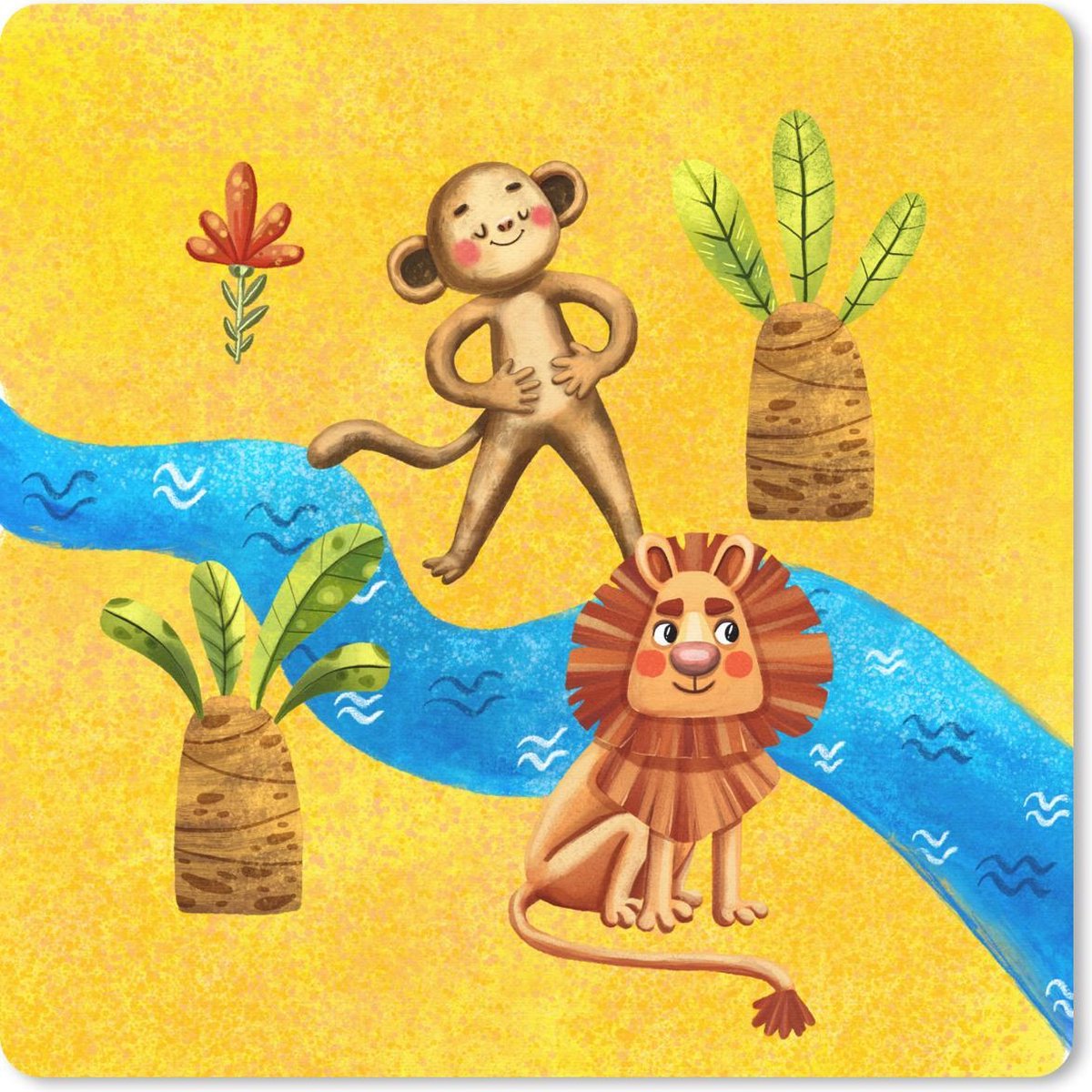 Muismat 30x30 cm - Mousepad Aap - Leeuw - Jungle - Rivier - Muismatten