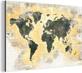 Wanddecoratie Metaal - Aluminium Schilderij Industrieel - Wereldkaart - Krant - Goud - 150x100 cm - Dibond - Foto op aluminium - Industriële muurdecoratie - Voor de woonkamer/slaapkamer