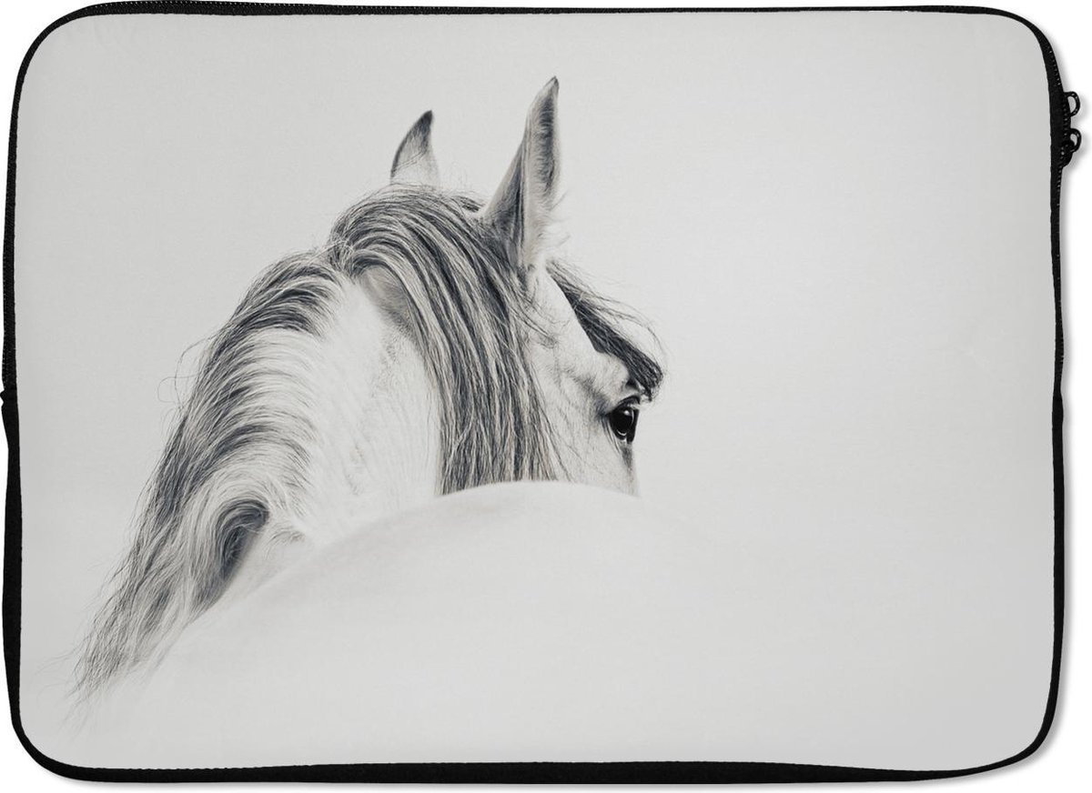 Laptophoes 13 inch - Paard - Wit - Grijs - Laptop sleeve - Binnenmaat 32x22,5 cm - Zwarte achterkant