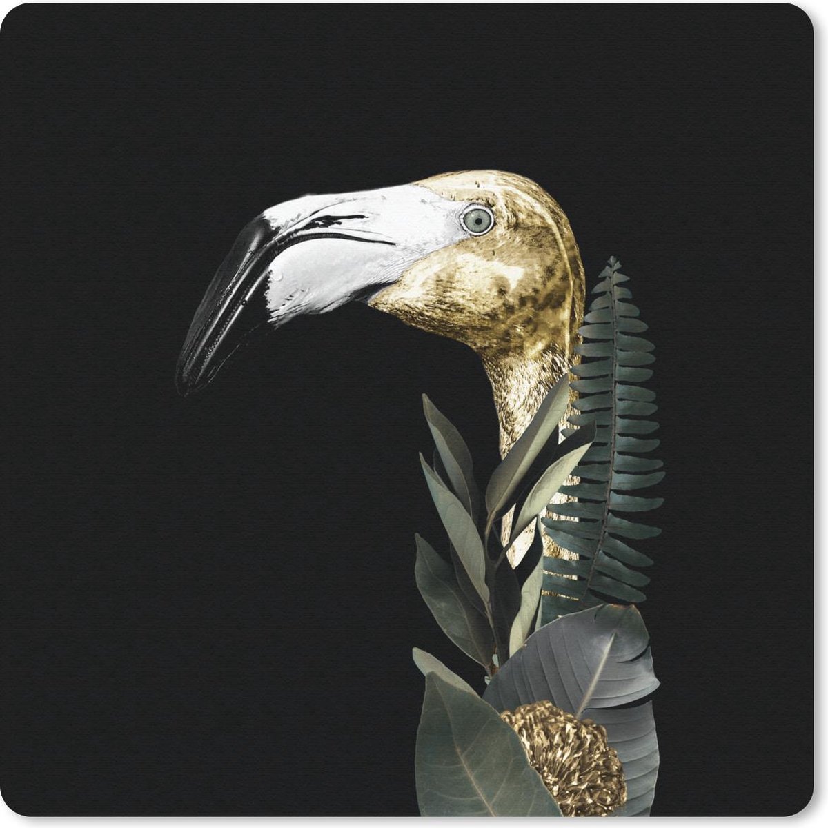 Muismat 30x30 cm - Mousepad Flamingo - Goud - Bladeren - Zwart - Muismatten
