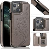 Vlinders Bloemen Dubbele gesp PU + TPU beschermhoes met houder & kaartsleuven & fotolijst voor iPhone 13 (grijs)