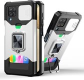 Voor Samsung Galaxy A12 Sliding Camera Cover Design PC + TPU Shockproof Case met Ring Houder & Card Slot (Zilver)