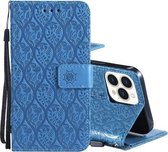 Geperst afdrukken rotan bloemenpatroon horizontale flip PU lederen tas met houder & kaartsleuven & portemonnee & fotolijst voor iPhone 13 Pro (blauw)