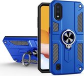 Voor Samsung Galaxy A01 Koolstofvezelpatroon PC + TPU-beschermhoes met ringhouder (donkerblauw)