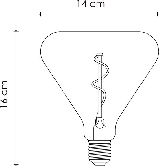 Schematische weergave van een gloeilamp met afmetingen 14 cm breed en 16 cm hoog.