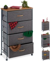 ladekast op wielen - 4 stoffen lades - houtlook - 93 x 58 x 30 cm - slaapkamer - grijs