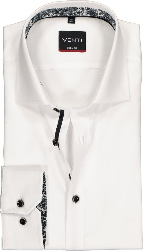 VENTI body fit overhemd - wit structuur (zwart contrast) - Strijkvriendelijk - Boordmaat: