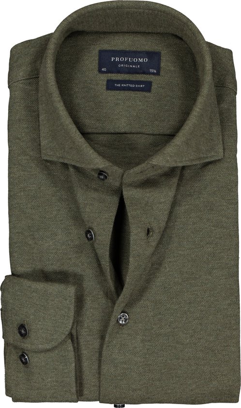 Chemise en Profuomo Originale slim fit - chemise en tricot piqué - mélange vert armée - Sans repassage - Taille de la planche: 38