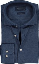 Profuomo slim fit jersey overhemd - knitted shirt pique - jeansblauw melange - Strijkvrij - Boordmaat: 39