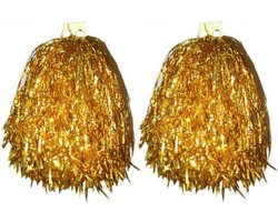 foto van Cheerball/pompom goud - 2x - met ringgreep - 33 cm - Cheerleader verkleed accessoires - Pompoms