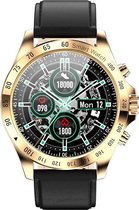 Belesy® ROYAL 2 - Smartwatch Dames - Smartwatch Heren - Horloge – Hartslag - Bloeddruk - Stappenteller - 1.28 inch - 100+ wijzerplaten - Full Touch – Goud – Leer - Zwart