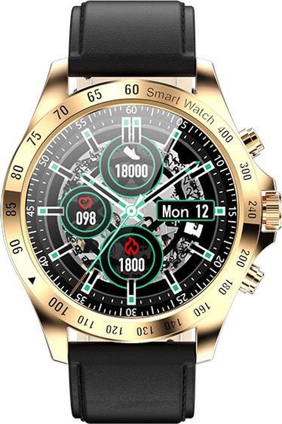 Belesy® ROYAL 2 - Smartwatch Dames - Smartwatch Heren - Horloge – Hartslag - Bloeddruk - Stappenteller - 1.28 inch - 100+ wijzerplaten - Full Touch – Goud – Leer - Zwart - Moederdag
