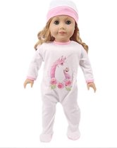 Dolldreams | Poppenkleding - Wit boxpakje/pyjama met roze eenhoorn + mutsje - Onesie geschikt voor baby born