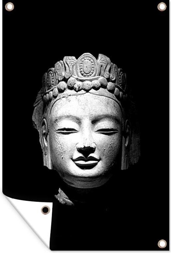 Muurdecoratie Hoofd van een stenen Boeddha voor een simpele achtergrond - zwart wit - 120x180 cm - Tuinposter - Tuindoek - Buitenposter
