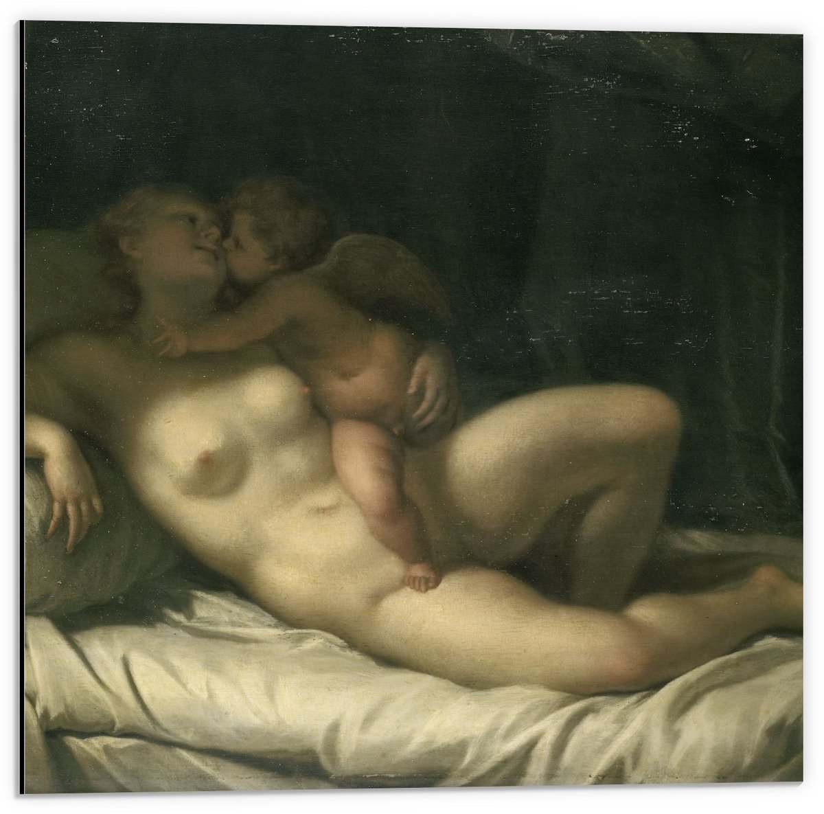 KuijsFotoprint Dibond - Oude Meesters - Venus door Amor gekust, Adriaen van der Werff - 50x50cm Foto op Aluminium (Met Ophangsysteem) Bruin