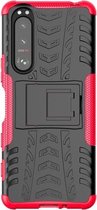 Voor Sony Xperia 5 III Tyre Texture Schokbestendig TPU + pc-beschermhoes met houder (roze)