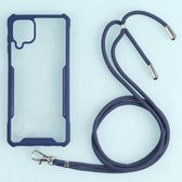 Voor Samsung Galaxy A12 5G acryl + kleur TPU schokbestendig hoesje met nekkoord (donkerblauw)