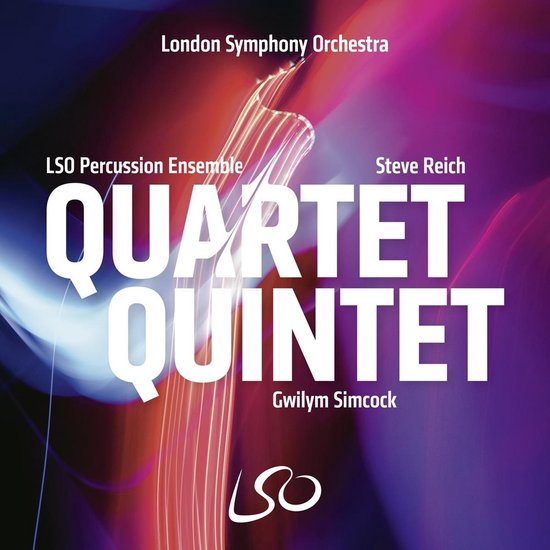 CD hoes met abstracte rode en paarse gloed met de tekst 'QUARTET QUINTET', 'LSO Percussion Ensemble', 'Steve Reich', 'Gwilym Simcock' en 'London Symphony Orchestra'.