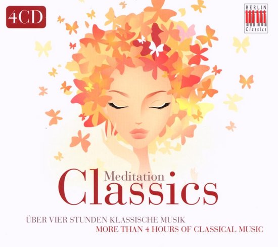 Boekomslag van 4 cd's met klassieke muziek, getiteld Meditation Classics. Een illustratie van een vrouw met bloemen en vlinders in haar haar.