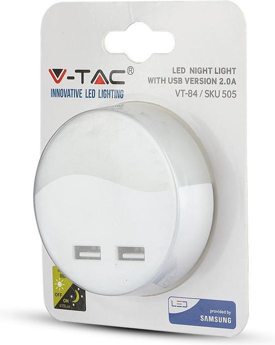 V-tac VT-84 nachtlampje rond - plug in - 2x USB - met dag/nacht sensor - warm wit - V-tac