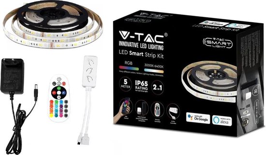 V-tac Smart Led Strip - 5 meter - RGB en Warm Wit - Inclusief afstandsbediening - Bediening via App - Wifi led strip 5 meter - Led Light Strip – IP65