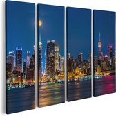 Artaza Canvas Schilderij Vierluik Verlichte Skyline Van New York Met Volle Maan - 80x60 - Foto Op Canvas - Canvas Print