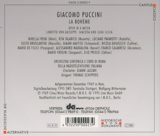 Cd-hoes met tekst van Giacomo Puccini's opera La Bohème.