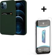ShieldCase geschikt voor Apple iPhone 12 / 12 Pro siliconen hoesje met pasjeshouder - donkergroen + glazen Screen Protector