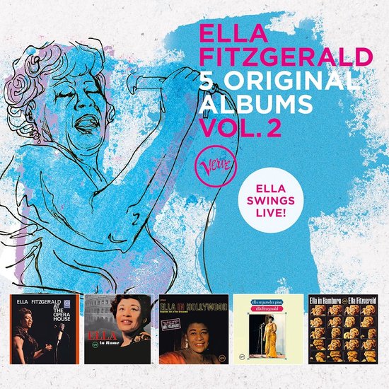 Ella Fitzgerald 5 Original Albums Vol.2 CD-set, close-up op cover met tekening van Ella en miniatuur-albumhoezen.