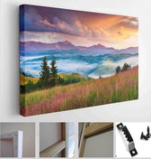 Foggy summer sunrise in the Carpathian mountains. Colorful morning scene in mountain valley. Beauty of nature concept background - Modern Art Canvas - Horizontal - 604039928 - 115*