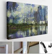 High-rise buildings and ponds Illustrations creates an impressionist style of painting - Modern Art Canvas - Horizontal - 1826204576 - 115*75 Horizontal