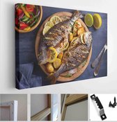 Roasted fish and potatoes, served on wooden tray. overhead, horizontal - Modern Art Canvas - Horizontal - 1396894358 - 115*75 Horizontal