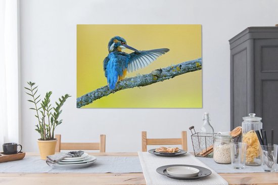 Canvas schilderij 140x90 cm - Wanddecoratie IJsvogel - Tak - Blauw - Muurdecoratie woonkamer - Slaapkamer decoratie - Kamer accessoires - Schilderijen
