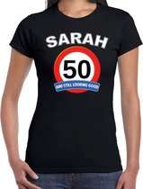 Verjaardag t-shirt verkeersbord 50 jaar Sarah - zwart - dames - vijftig jaar cadeau shirt Sarah 2XL