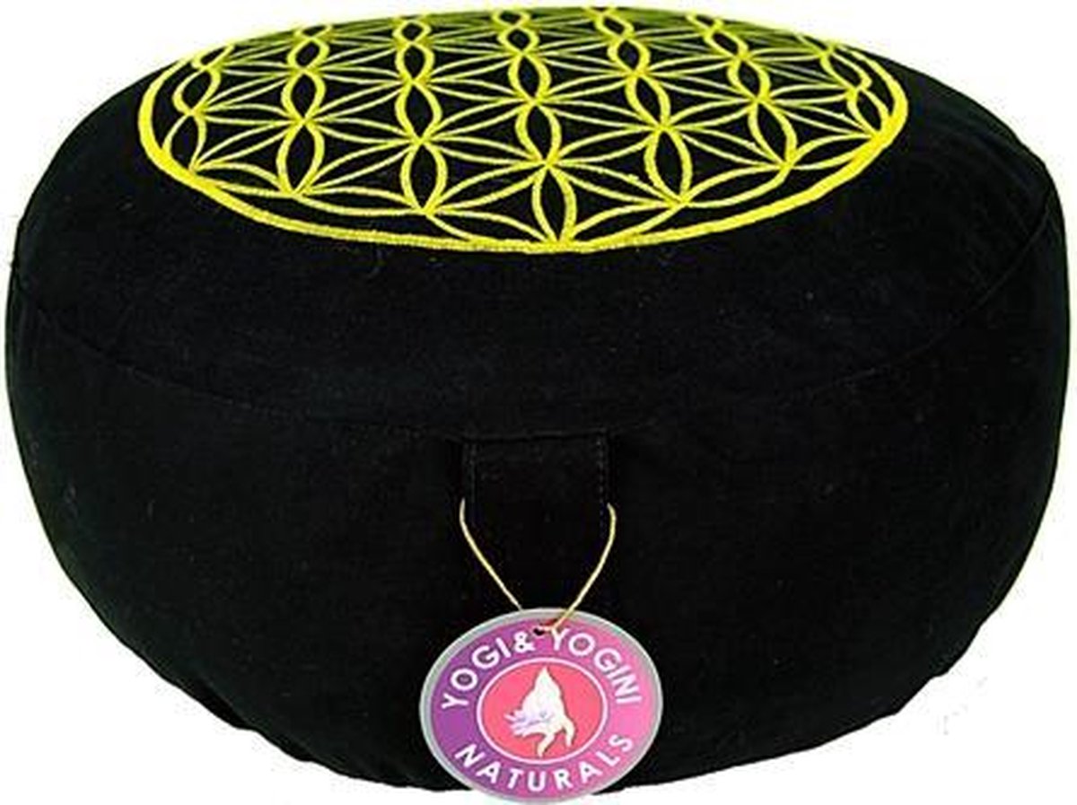 Meditatiekussen zwart/goud levensbloem opdruk - 33x17 - Boekweit - Katoen - Zwart - Goud - L