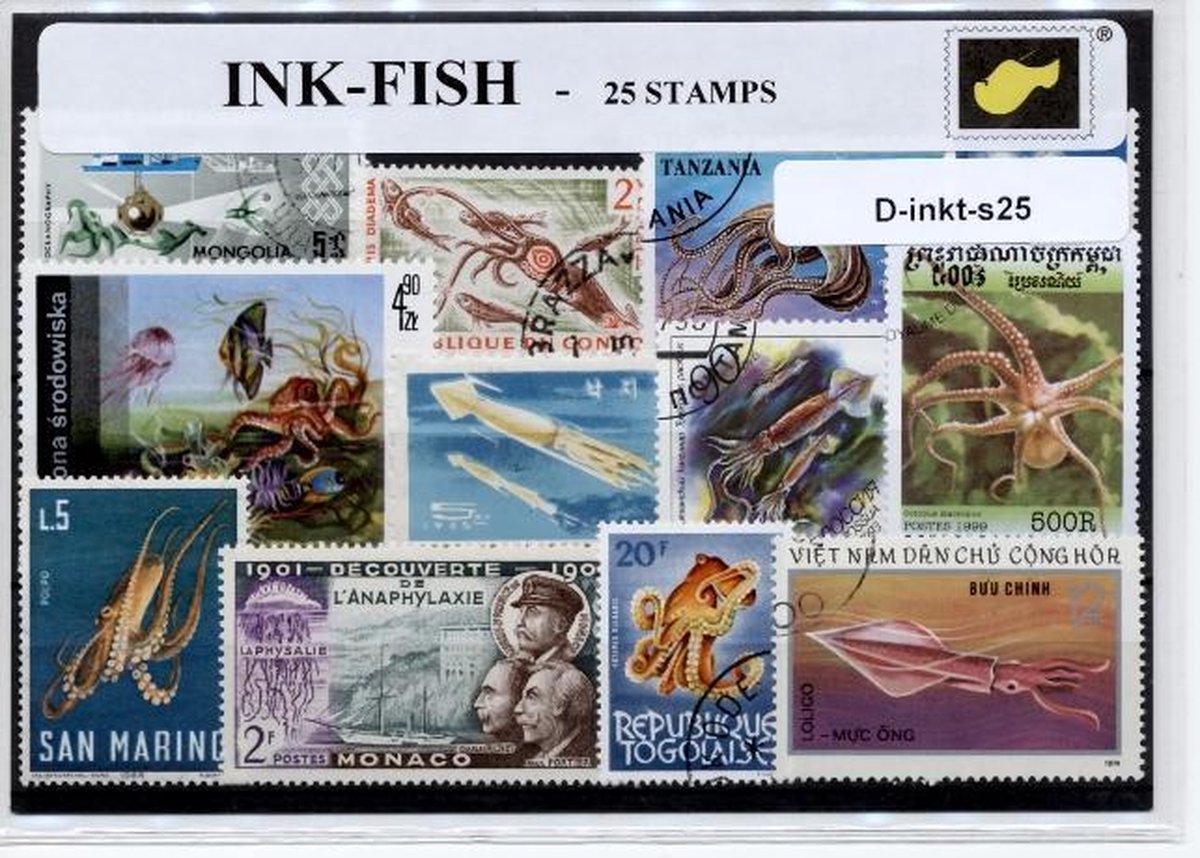 Afbeelding van product KLOMP G.T.P.  Inktvissen – Luxe postzegel pakket (A6 formaat) : collectie van 25 verschillende postzegels van inktvissen – kan als ansichtkaart in een A6 envelop - authentiek cadeau - kado tip - gesch